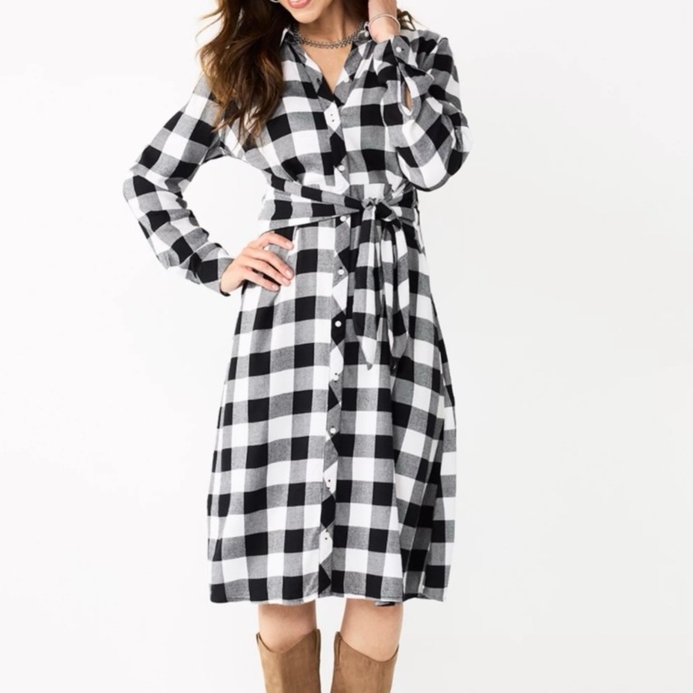 Croft & Barrow Knot-Waist Black & White Buffalo Shirt Dress
